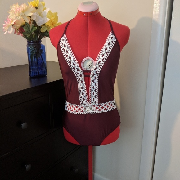 Other - NWOT Burgundy and crochet plunge one piece